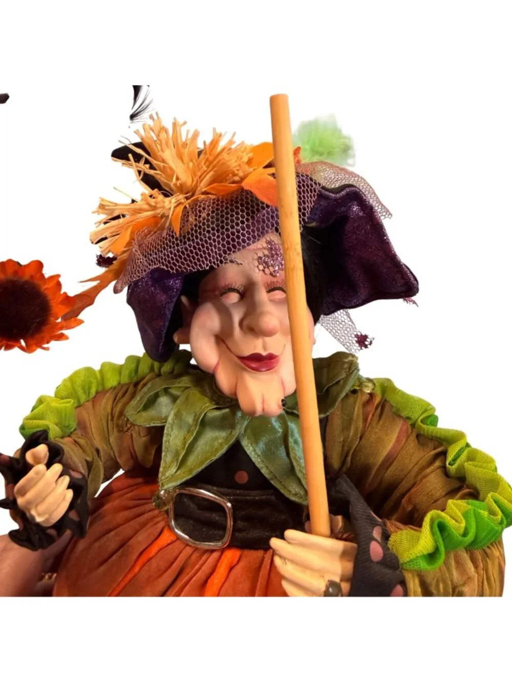 Rare find! Whimsical Halloween Pumpkin Witch Shelf Sitter Doll | Long Striped Le